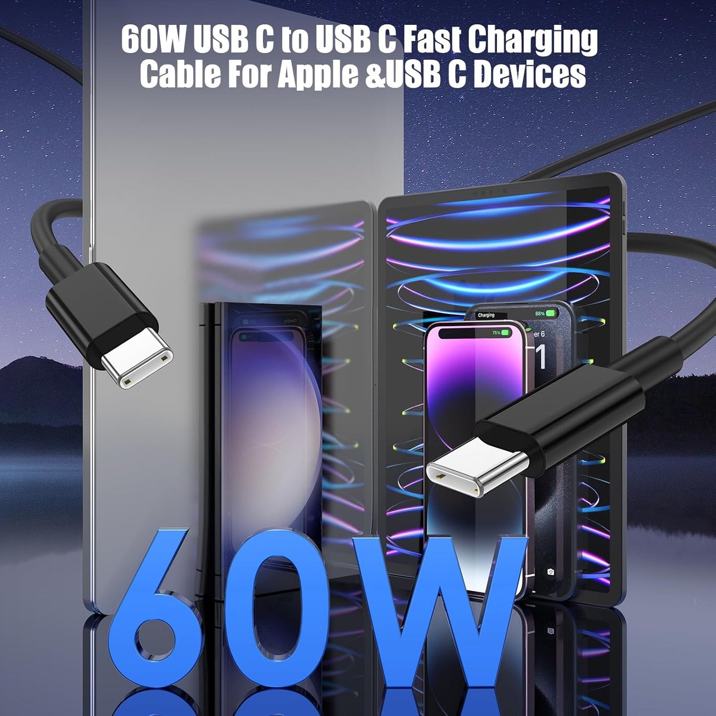 3-Pack Black 3.3FT 60W USB C to USB C Cable, Type C to Type C Cable,Fast Charging Cable for iPhone 16 15 Pro Plus Pro Max，for Galaxy S24 S23, for iPad Pro/Air, for MacBook Pro/Air and More