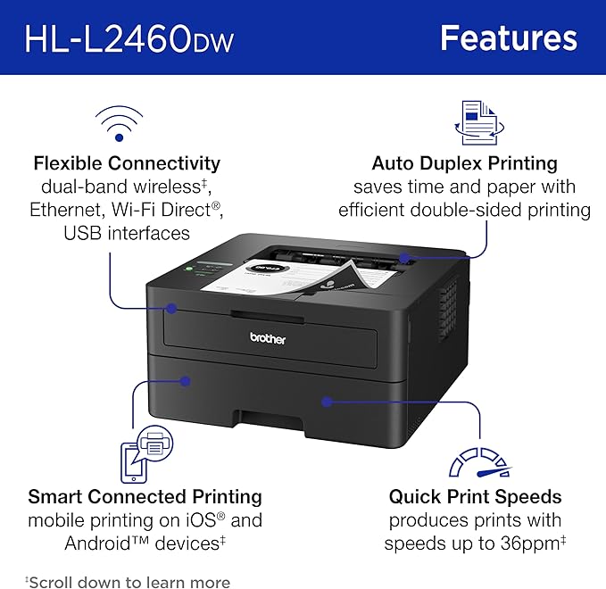 Brother HL-L2460DW Wireless Compact Monochrome Laser Printer with Duplex, Mobile Printing, Black & White Output | Includes Refresh Subscription Trial(1), (Renewed Premium - Refurbished)