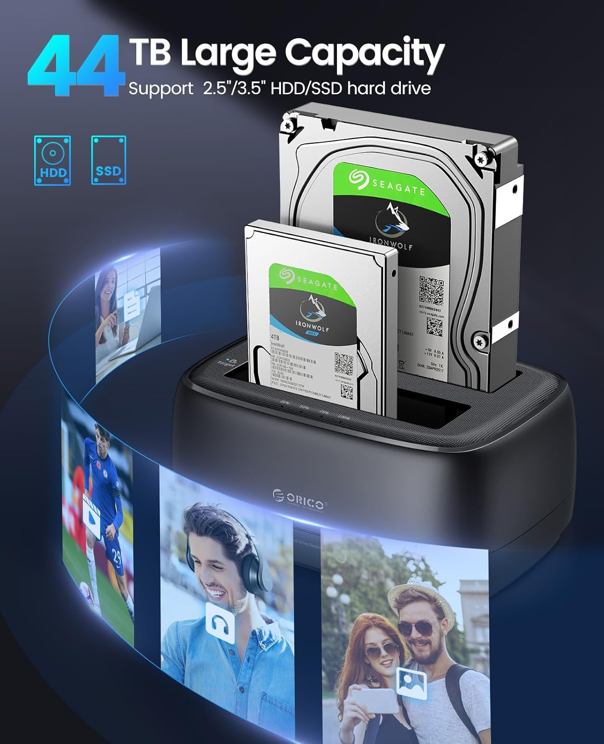 ORICO Hard Drive Docking Station with Offline Clone USB 3.2 Gen 1 to SATA Hard Drive Dock Dual Bay for 2.5&3.5 Inch SSD HDD Up to 44 TB with 12V Power Supply, Tool-Free and UASP Supported (DD28C3-C)