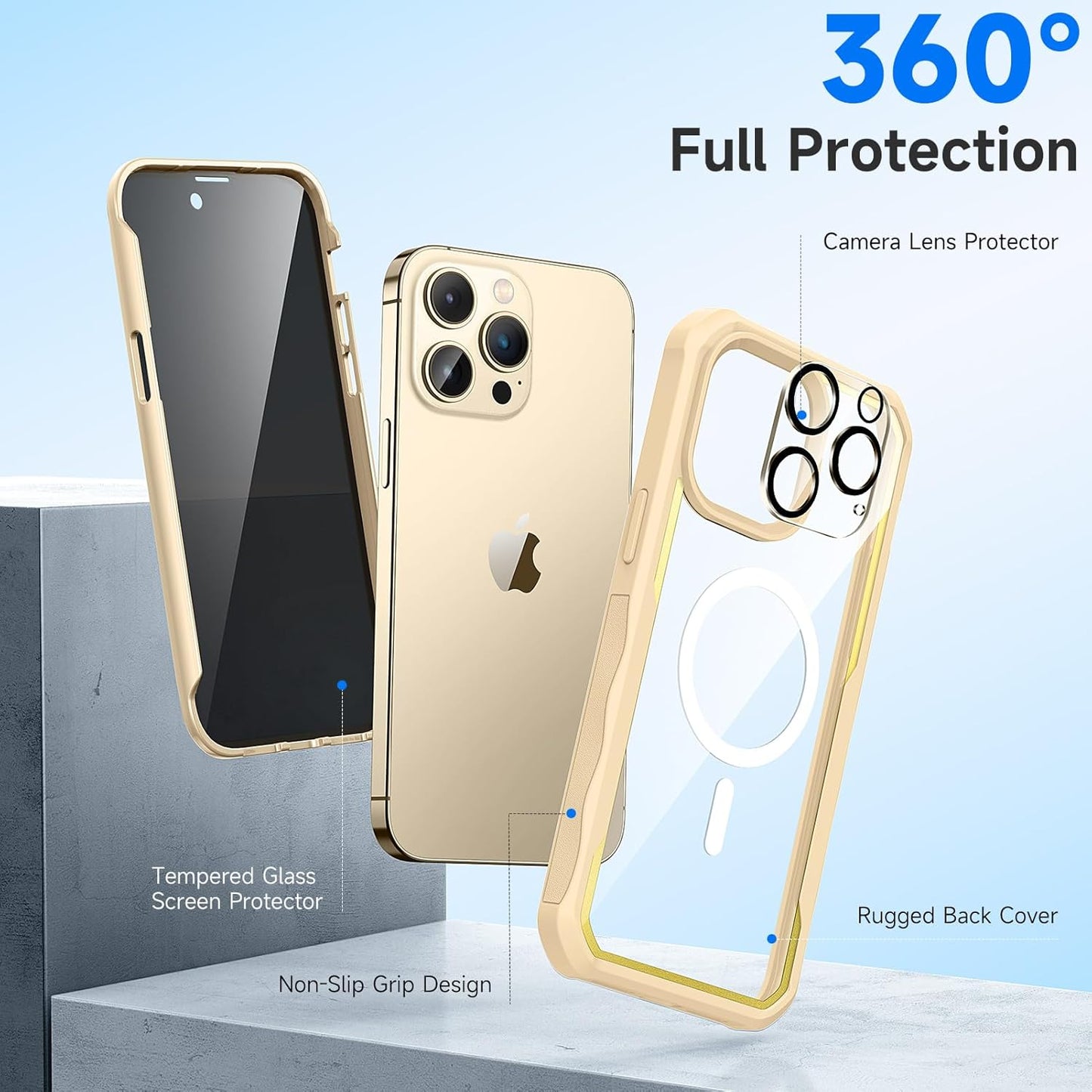 seacosmo for iPhone 14 Pro Max Case, Full Body Bumper with Built-in 9H Tempered Glass Privacy Screen Protector and Camera Lens Protector, Compatible with MagSafe, Shockproof Phone Case, 6.7", Gold