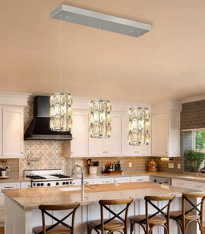 3-Lights Rectangle Modern Crystal Pendant Lights for Kitchen Island LED Dimmable Glam Pendant Lighting Chandelier for Dining Room Hallway Corner Lamp Nickel