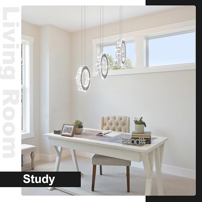 Buccleuch 3-Ring Crystal Chandelier, 9.84" Ring Diameter Dimmable LED Pendant Light, UL-Certified Stainless Steel K9 Crystal Ceiling Light for Dining Room, Living Room, Bedroom, 6500K 4400lm