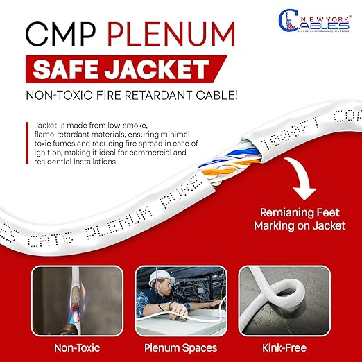 NewYork Cables CAT6 Plenum Cable 1000ft | 100% Pure Copper, UTP, 550MHz, 23AWG, 4Pair 10GB Ethernet Cable, Certified CMP-Rated Bulk Cat 6 for Networking & Gaming (1000ft, Pure Copper,White)