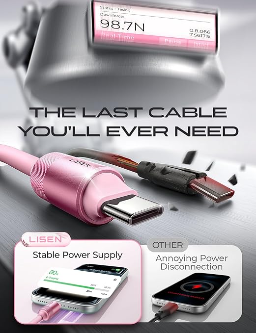 LISEN for iPhone Air 17 Charger Cord USB Cable 10FT, Chubby 100W Soft Silicone USB C to USB C Fast Charging Cable, Long USBC to USBC for iPhone 17 16 15, Samsung S25, MacBook Pro/Air, iPad, Pink