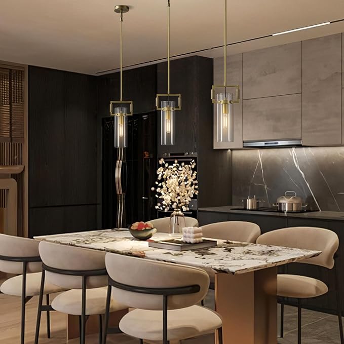 Modern Brass Pendant Lights 2 Pack, 12Inch Glass Farmhouse Island Lighting for Kitchen, Dining Room, Bathroom, and Bedroom