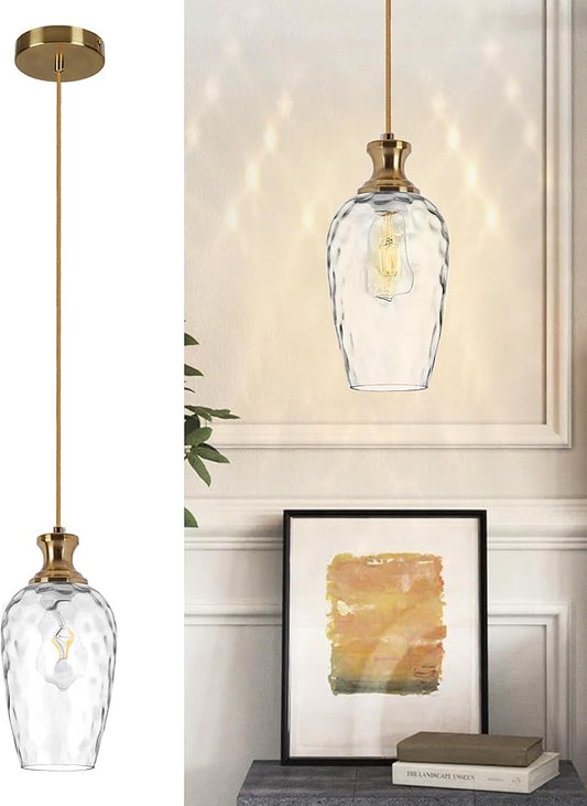 1-Light Farmhouse Pendant Light, Modern Hanging Ceiling Light with Hammered Glass in Brushed Brass Gold for Dining Room Kitchen Island Over Table