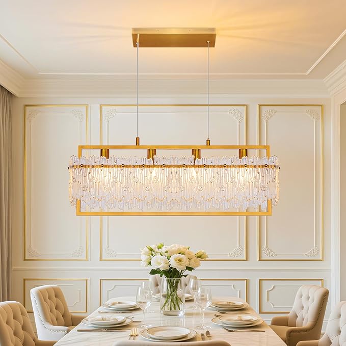 MantoLite Dining Room Light Fixture Modern Rectangle Golde Crystal 4-Light Chandeliers for Dining Room 25" Linear Farmhouse Lighting Fixture for Kitchen Island Light Living Room