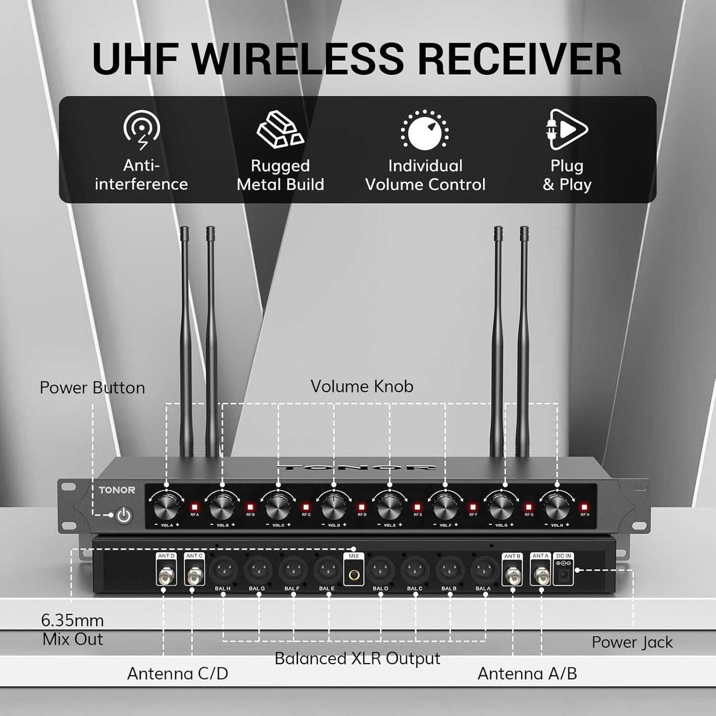 TONOR Wireless Microphones System with 8x12 Channels Cordless Handheld Microfono Inalambrico, 295FT UHF Range, Mics with Stable Signal, Quick Mute for Karaoke Singing Party Church Wedding PA Speaker