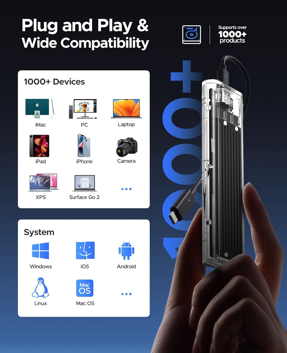 ORICO M.2 NVMe SSD Enclosure, USB 3.2 Gen 2 (10 Gbps), Transparent External Solid State Drive Adapter Enclosure for 2280 2260 2242 2230 PCI-E M2 M-Key SSD, USB Type C Converter Case-TCM2 Black