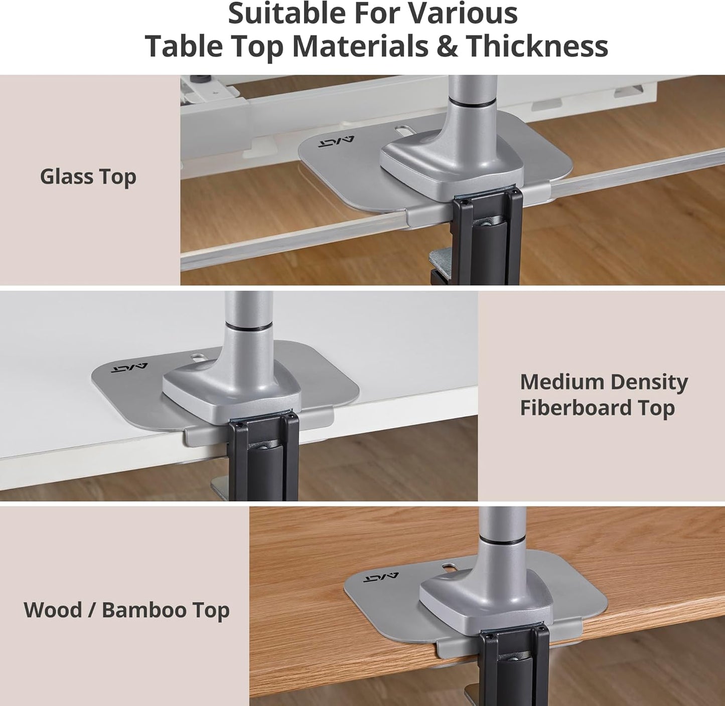 AVLT Adjustable Reinforcement Plate Bracket Mount for Fragile Tabletop - Supports Monitor Stand with C Clamp Or Grommet Installation - Gray