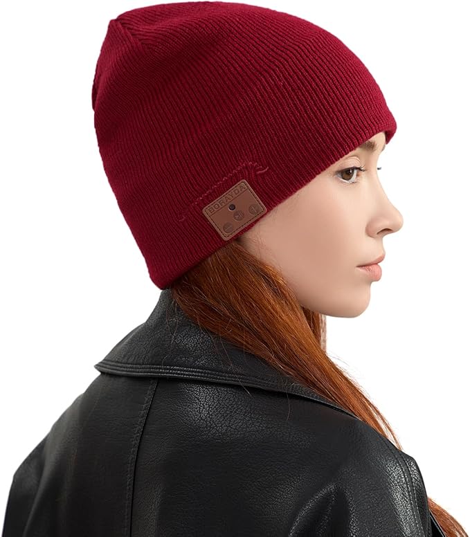 Bluetooth Beanie, Bluetooth 5.2 Wool Hat HD Stereo,30 Hours Play time,Built-in Microphone, Men's/Women's Christmas Electronic Gift (Red) …