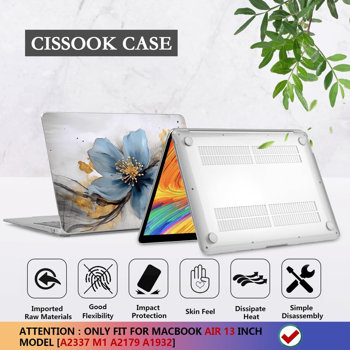 CISSOOK Compatible with MacBook Air 13 inch Case M1 2021-2018 Release Model A2337 A2179 A1932, Protective Plastic Hard Shell Case Cover for MacBook Air 13-inch with Touch ID, Retro Golden Floral