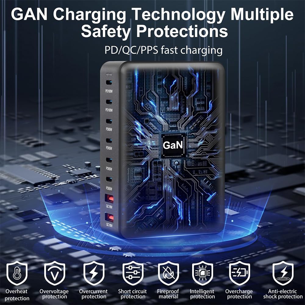 500W USB C Fast Charger Block, 8 Port Charging Station, GaN Ⅲ Multi Port Charging Station Hub for Multiple Devices, Multiport USB Charger Station Compatible with MacBook iPhone iPad Dell
