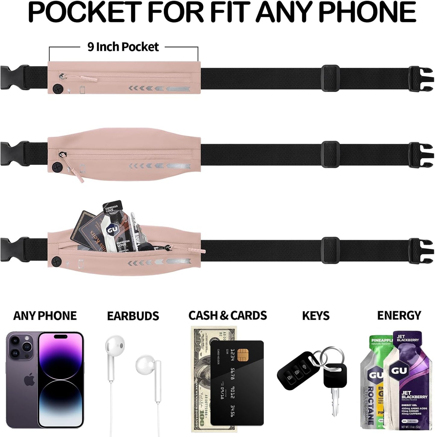 USHAKE Slim Running Belt for Women Men-Runners Phone Holder Fanny Pack, Adjustable, Bounce Free Waist Pouch bag for Workout, Money Belt, Run Gear Accessories Pink