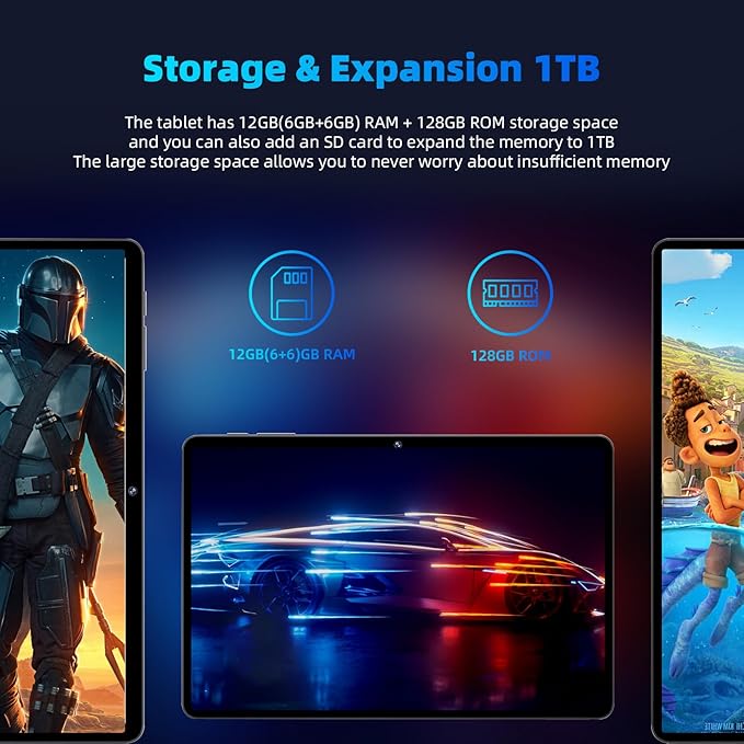 Android 15 Tablet 11inch, Face Unlock, 18W Fast Charging, 12GB+128GB+1TB Expand, Octa-core CPU, 8000mAh Large Battery, WiFi6, Touchscreen Display, Widevine L1 Tableta, Blue