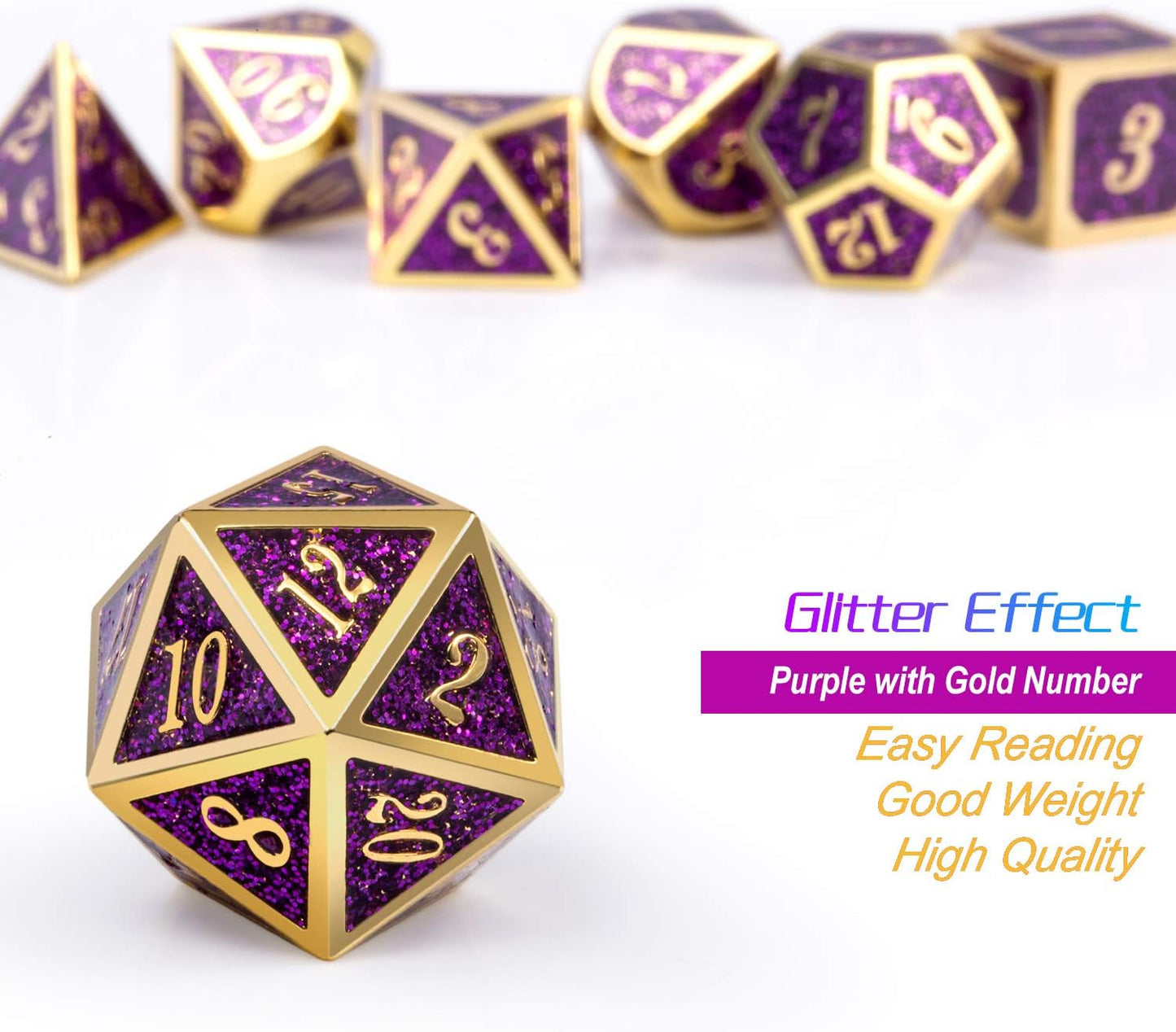 DNDND Glitter Purple Metal Dice Set, Solid Polyhedral DND Metallic Dice with Free Metal Case for Role Polying Game Dungeons and Dragons
