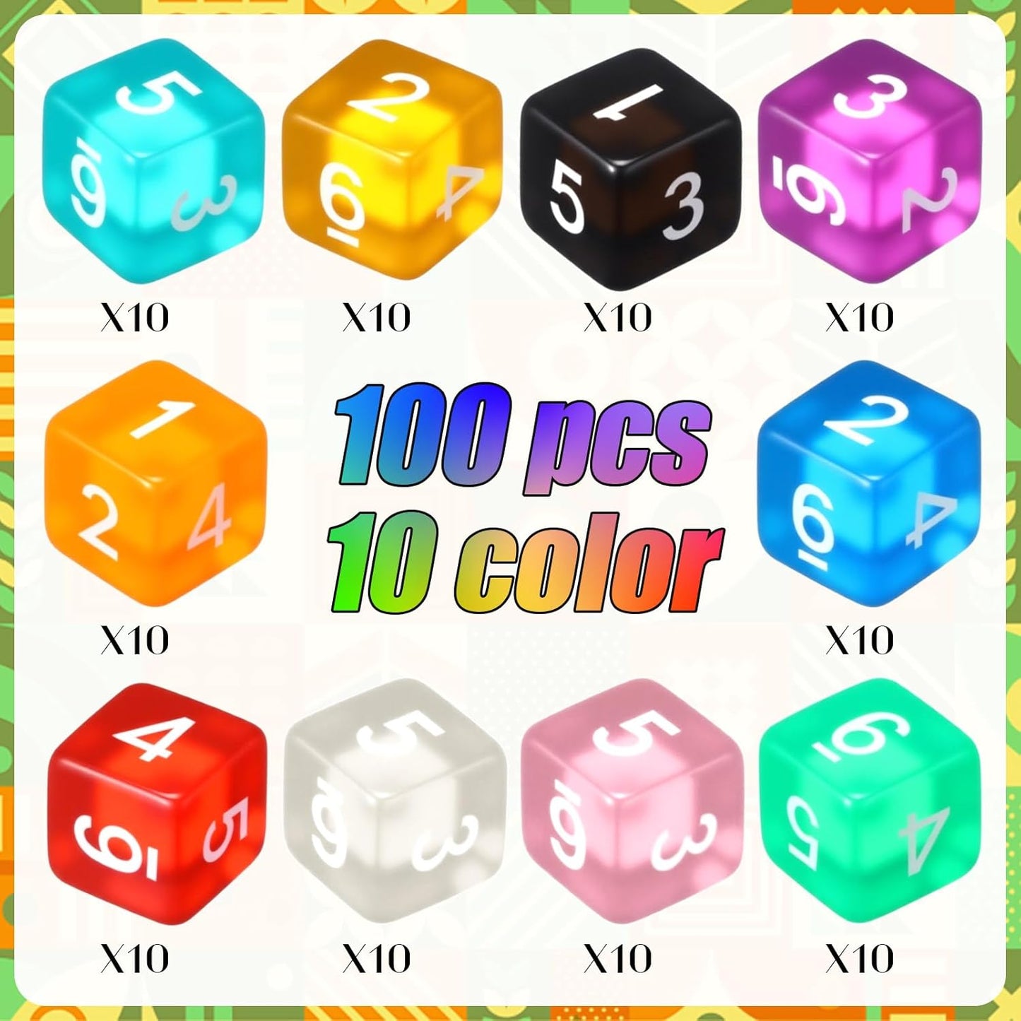 Poen 100 Pcs 16mm Dice Set Bulk, 6 Sided Standard Colored Dices with Numbers, D6 Polyhedral Games Dice for Board Games, Parties (Transparent Color)