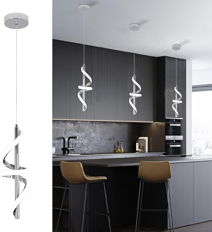CANEOE Modern Pendant Light Kitchen Island Lighting 6000K Chrome LED Pendant Light Fixtures Over Island Adjustable Height Pendant Lighting for Kitchen Island Dining Room Bedroom Pendant Lamp,1 Pack