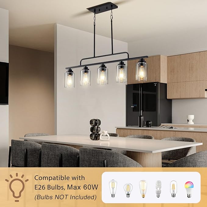 Dining Room Light Fixture - Black 5-Light Farmhouse Chandelier Kitchen Island Lights Fixtures Modern Linear Chandeliers Hanging Pendant Lighting Over Table for Dining Room