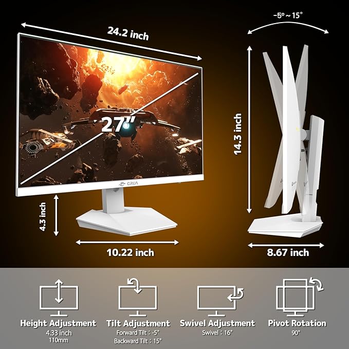 CRUA 27” Gaming Monitor, IPS UHD 3840x2160 4K 160Hz / FHD 320Hz Dual Mode White Computer Monitor, Rotating/Pivot & Height-Adjustable, AMD FreeSync, Built-in Speakers, PIP/PBP, HDMI 2.1 & DP 1.4