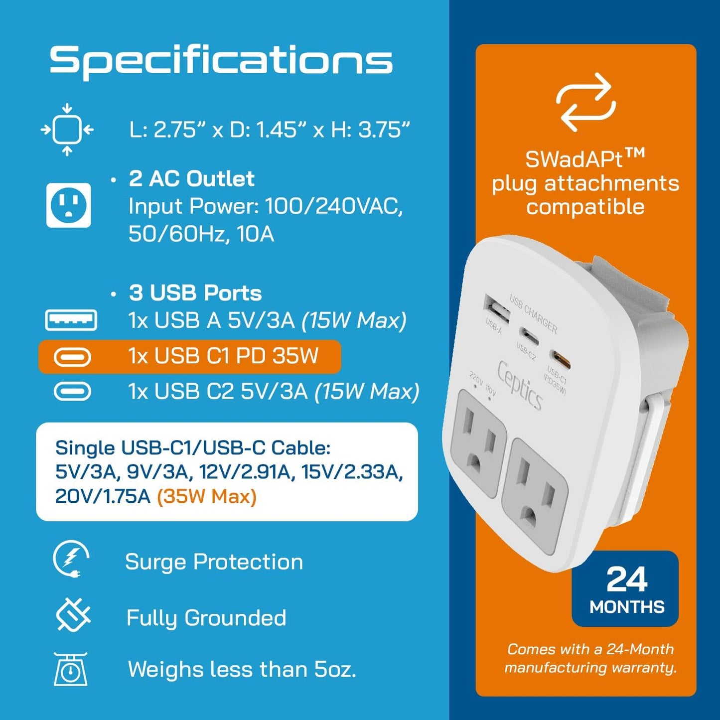 Ceptics 35W Universal Travel Adapter Kit – 2 USA sockets, USB-A, USBC, 1x PD 35W USB-C and USBC Cable, Surge Protected, Plugs for EU, UK, China, AU, Japan - for Laptop, Phone, Camera-ETL Tested