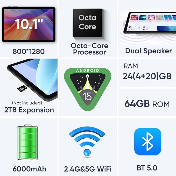 Android 15 Tablet 10.1 inch Tablet 2025 Latest Tablets with Keyboard Mouse 24GB+64GB 2TB Expand 6000mAh Octa-Core Processor Dual Camera WiFi 1280x800 IPS 18W Fast Charging (Black)