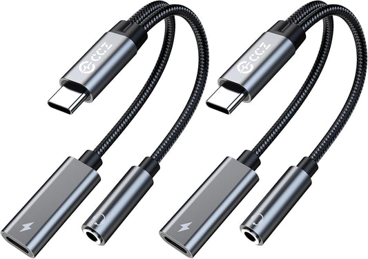 2PCS USB C Splitter for KZ ZS10 PRO, CCZ CA01 USB C to 3.5mm Audio Headphone and Charger Adapter, Type C Headphone Splitter 1 in 2 Out, Dongle Audio Cable DAC for Samsung Galaxy S25/S24 (USBC-3.5MM)
