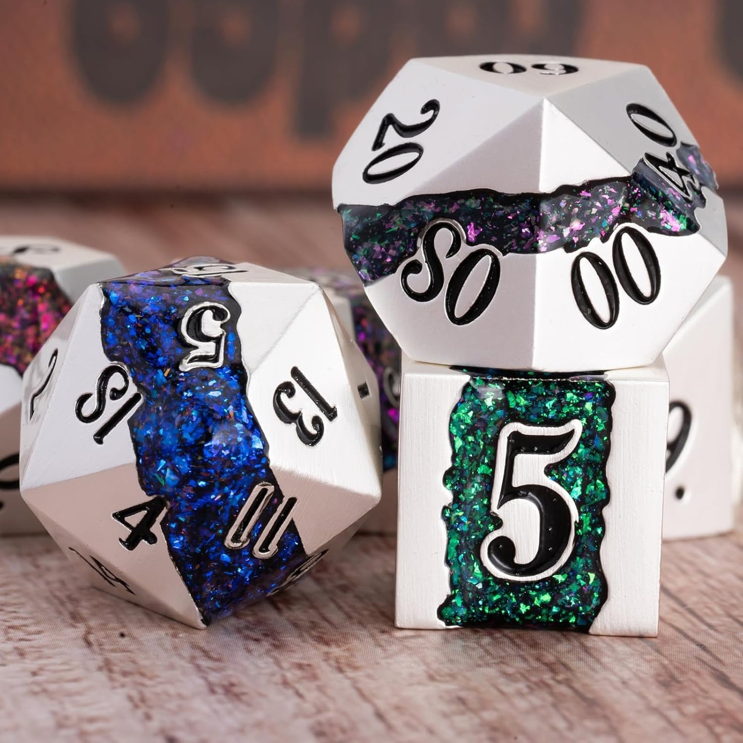 Polyhedral Metal Dice Set,7pcs Set Glitter Stripe DND Dice with Gift Box for RPG