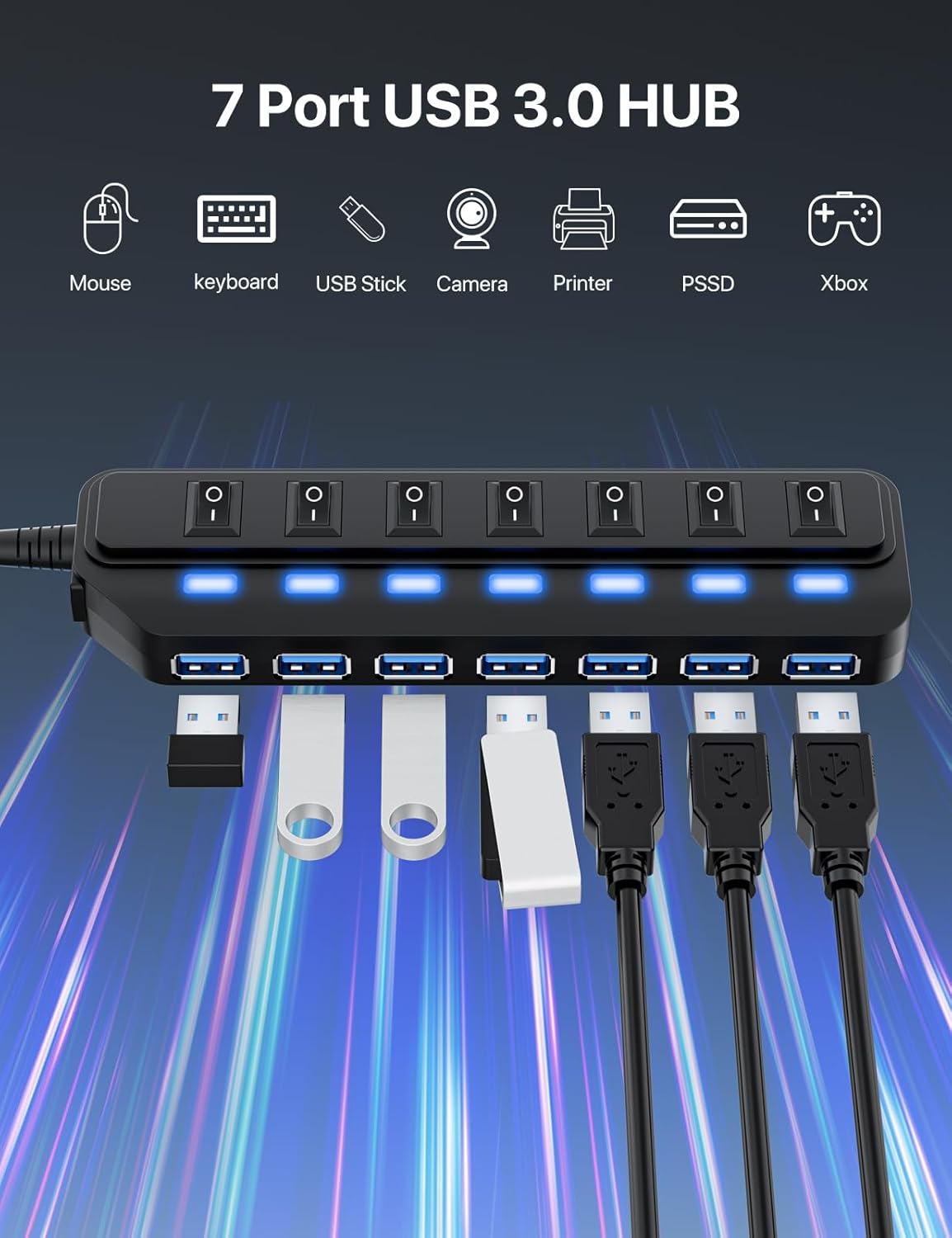 USB Hub 7 Port,USB 3.0 Hub Splitter with Individual On/Off LED Switches, USB Hub for PC 5Gbps HighSpeed Data for Laptop, MacBook, Mac Pro, Mac mini, iMac, Surface Pro and More