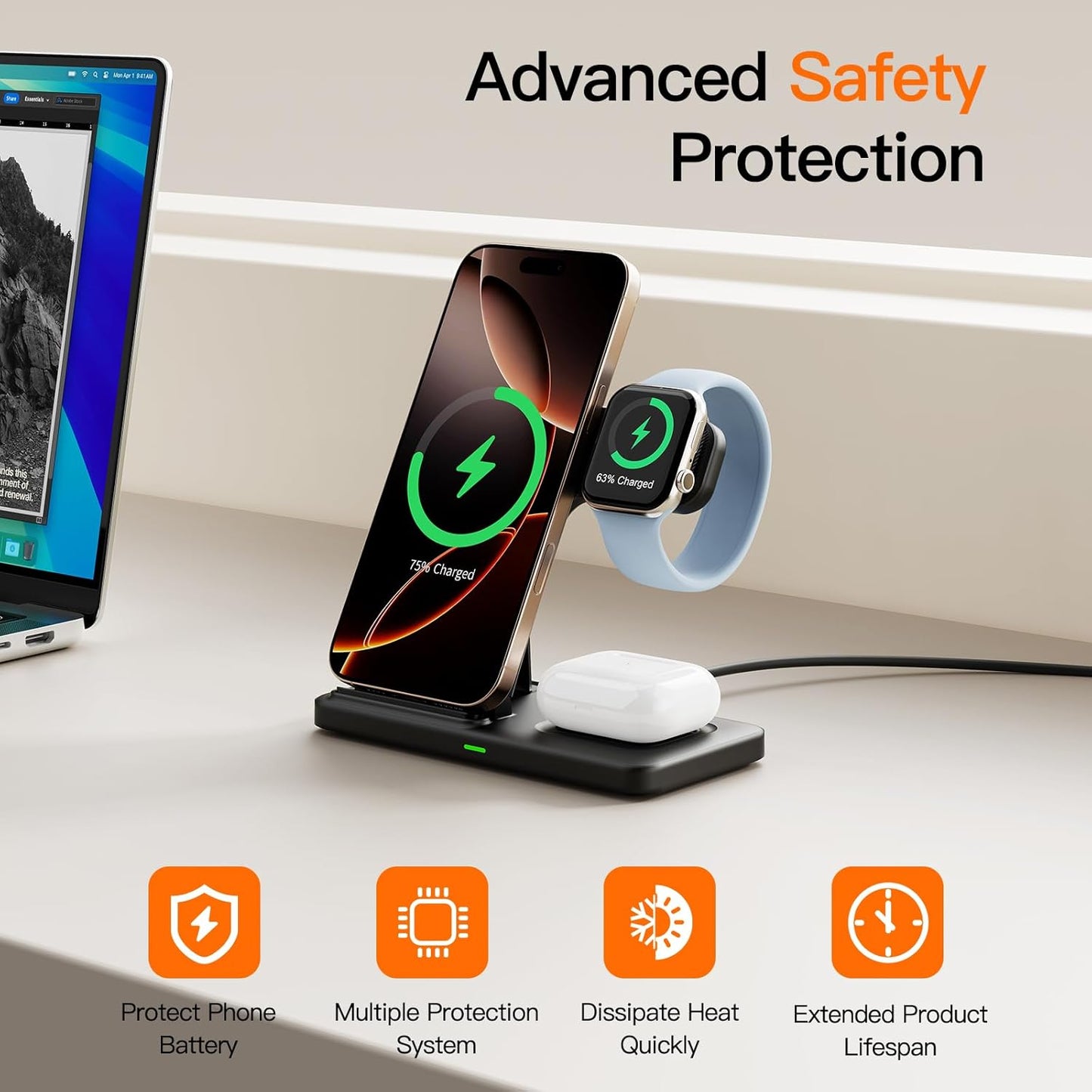 2025 3 in 1 Wireless Charger for iPhone 16 15 14 13 12 11 XR 8, Apple Charging Station for Apple Watch 10/9/Ultra/8/7/SE/6/5/4 & AirPods Series, Wireless Charging Station for Multiple Devices Apple