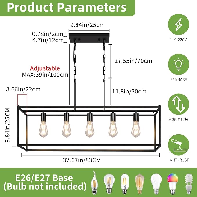 5-Light Rustic Farmhouse Chandelier, Rectangular Metal Kitchen Island Pendant Lighting Fixtures, Black Industrial Linear Hanging Light for Dining Room, Entryway, Foyer, Bar, Living Room