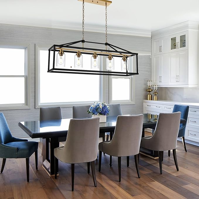 BONLICHT Rectangle 5 Lights Black Modern Dining Room Lighting Fixtures Hanging Over Table, Industrial Brushed Brass Chandeliers Farmhouse Kitchen Island Linear Pendant Light Ceiling with Clear Glass