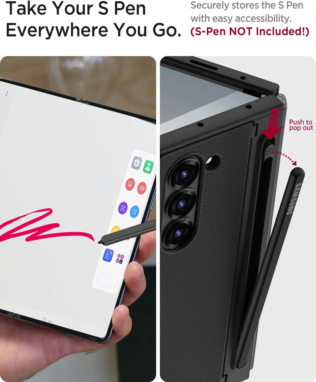 Miimall for Samsung Galaxy Z Fold 6 Case with S Pen Holder Slot [Military Grade Drop][Built-in Privacy Screen & Invisible Kickstand] Slim Thin Protective Phone Case for Galaxy Z Fold 6 Cover Black