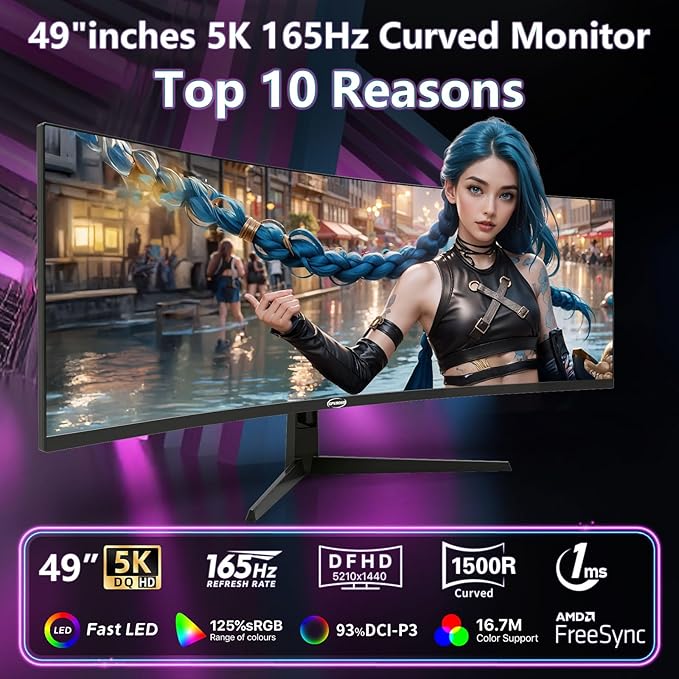 49 Inch Curved Ultrawide Gaming Monitor, 5K Computer Monitor(5210x1440P), 165Hz, 1500R HDR10, 32:9, AMD FreeSync, 125% sRGB, Built-in Speakers, HDMI/DP VESA100*100mm