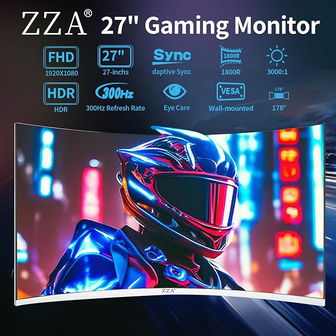 ZZA 27" Curved Gaming Monitor 300HZ Computer Monitor, FHD 1080p 1ms 1800R VA Screen, 99% sRGB, Support AMD FreeSync, Blue Light Filter, HDMI*2 & DP*2, VESA Mounting Compliant- White