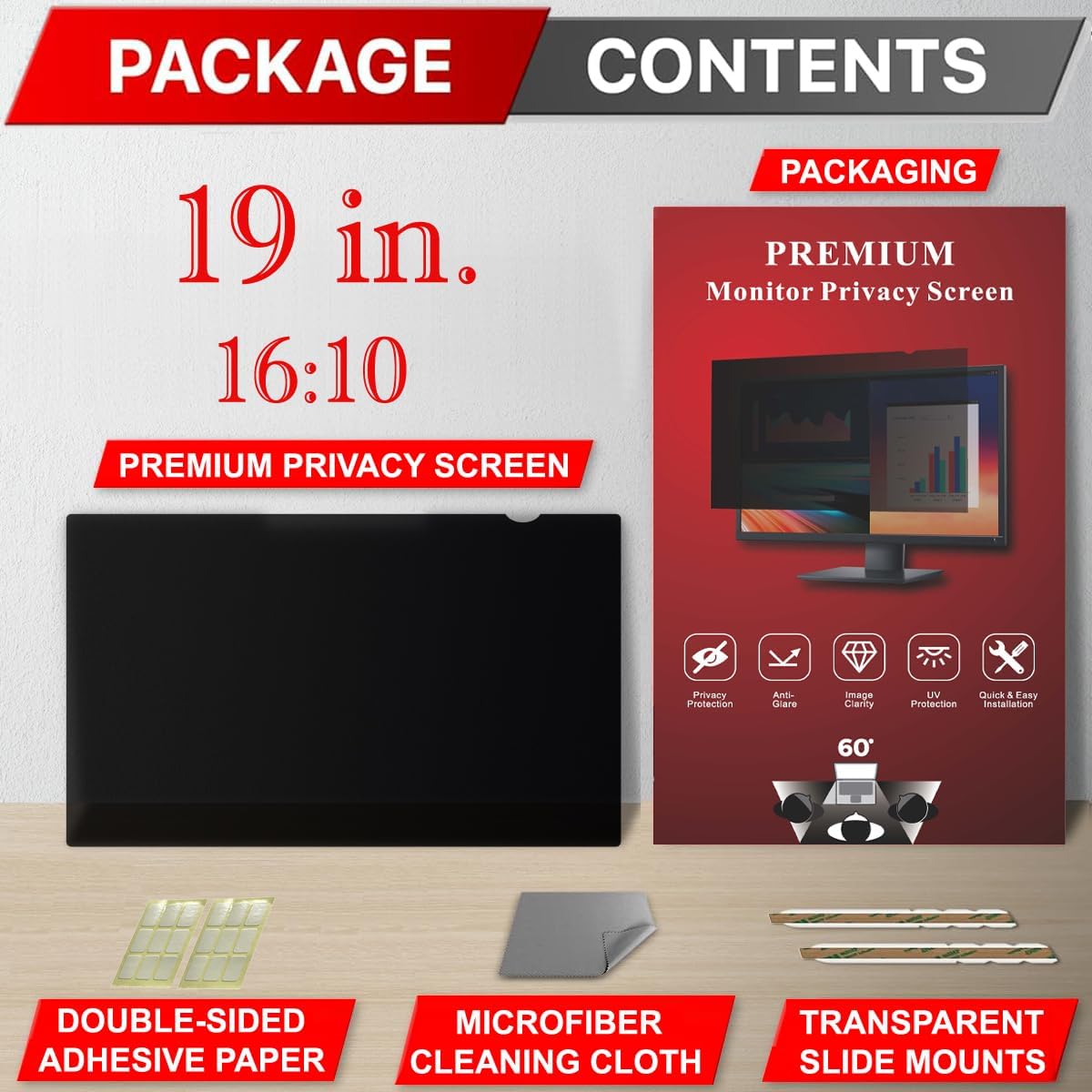 19 Inch Privacy Screen Filter for 16:10 Widescreen Monitor | Privacy Shield | Anti-Glare | Anti-Blue light Protector | Eye Protection | Computer Security Private Filter