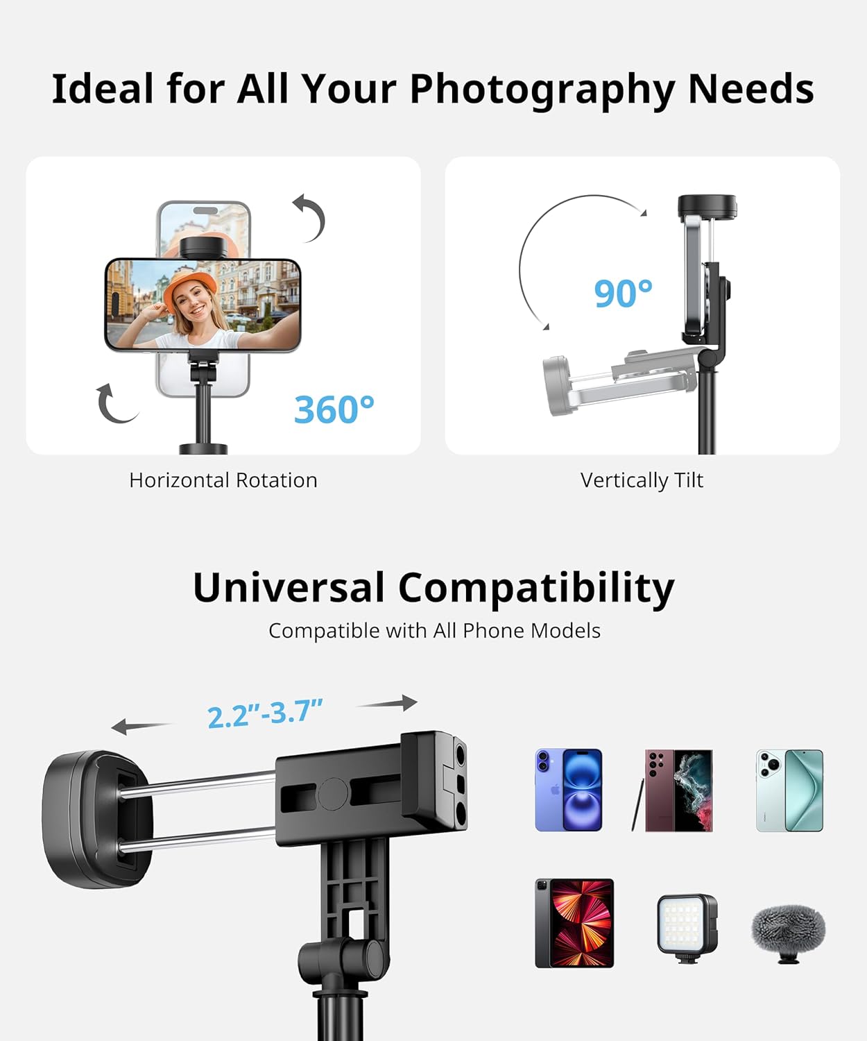 Selfie Stick Travel Tripod for iPhone Wireless Remote for Selfies, Extendable Selfie Stick for iPhone, iPhoneTripod for Video Recording, 60 inch, Black