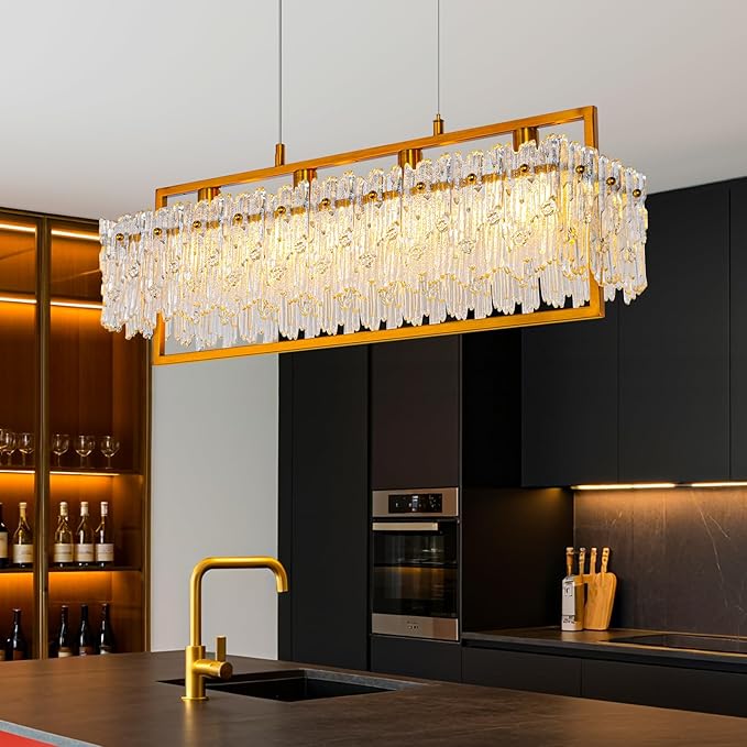 MantoLite Dining Room Light Fixture Modern Rectangle Golde Crystal 4-Light Chandeliers for Dining Room 25" Linear Farmhouse Lighting Fixture for Kitchen Island Light Living Room
