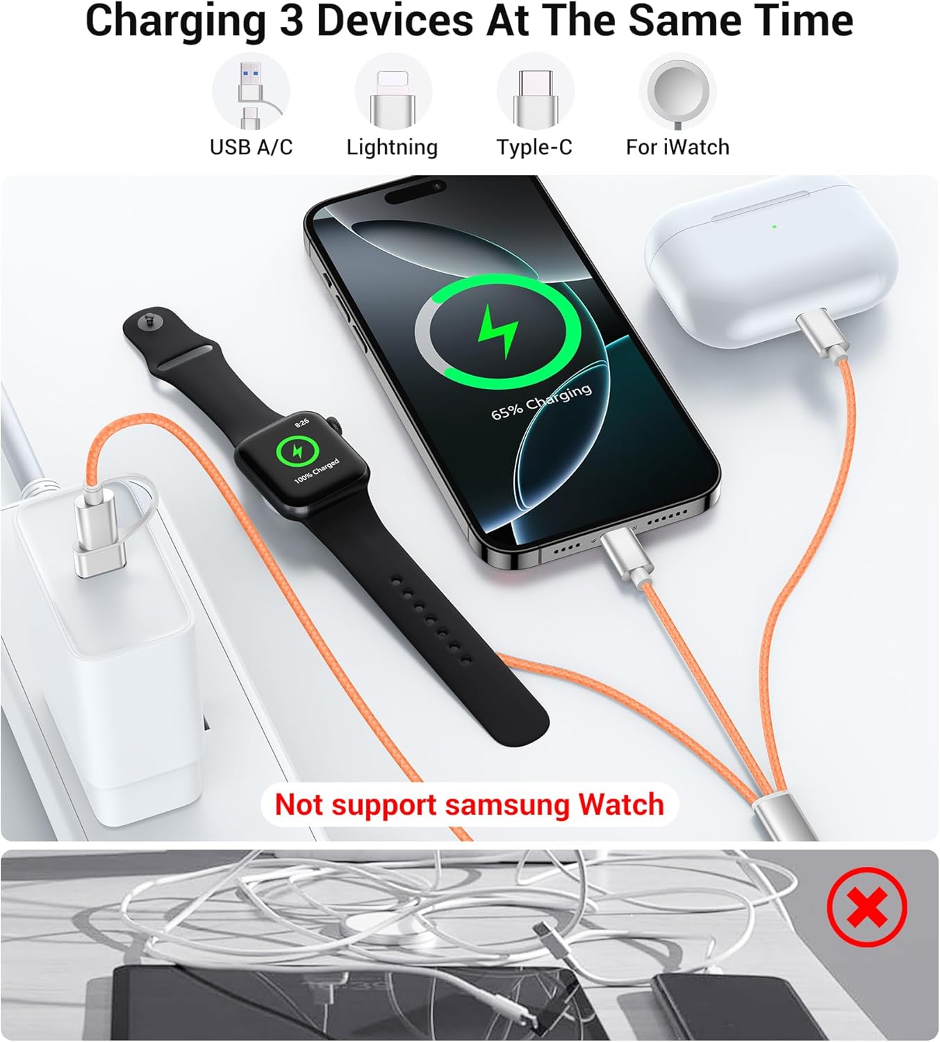 Temdan for Travel Vacation Essentials,3 in 2 USB C Cable for Apple Watch Charger/iPhone 16 Charger/Lightning,Multi Charging Cable Cord,Camping Essentials,Designed for iWatch &iPhone 16-12-4FT Orange