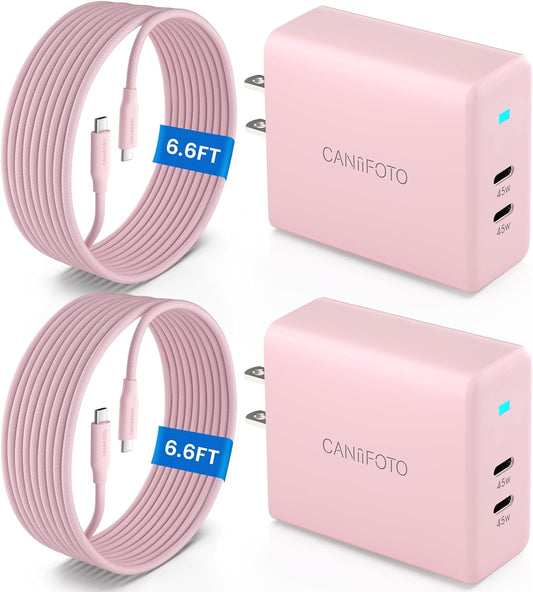 2Port 45W Super Fast Charger Type C, 2Pack 45W USB-C Charger Fast Charging for Samsung Galaxy S24 Ultra/S24+/S24/S23 Ultra/S23+/S22/S20/Note10+ with 2X 6.6ft Type C Cord (Pink)