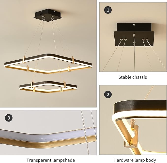 Siittoo Modern Black Chandelier Dining Room Light Fixture, 96W Dimmable LED Modern Pendant Light, 2-Ring Rectangular Chandelier Hanging Light Fixture for Kitchen Island Living Room Hall, Φ=24''+16''