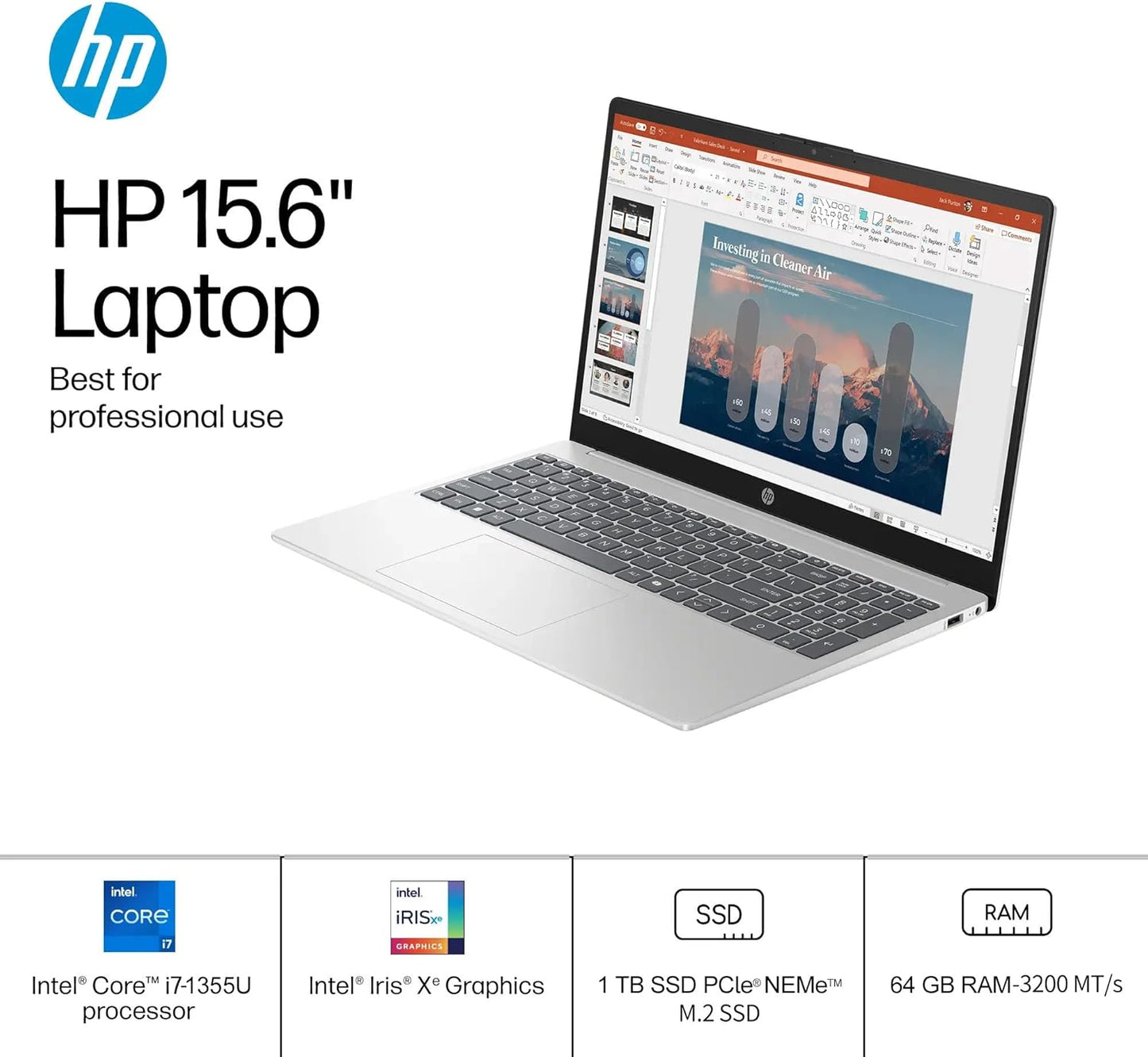 HP 15.6 Touchscreen Laptop Computer for Business, Intel 13th Gen i7-1355U(Up to 5.0 GHz), 15.6" FHD Touch Screen, 64 GB RAM, 1 TB SSD, Iris Xe GPU, Wi-Fi 6, HD Webcam, Windows 11 Pro, w/Accessories