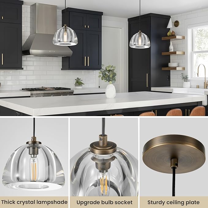 Crystal Pendant Light Kitchen Island: 7" Vintage Copper Hanging Lights above Dining Table - K9 Crystals Lighting over Kitchen Sink - Luxury Cylinder Pendants Light Fixtures Bulb Included for bedroom