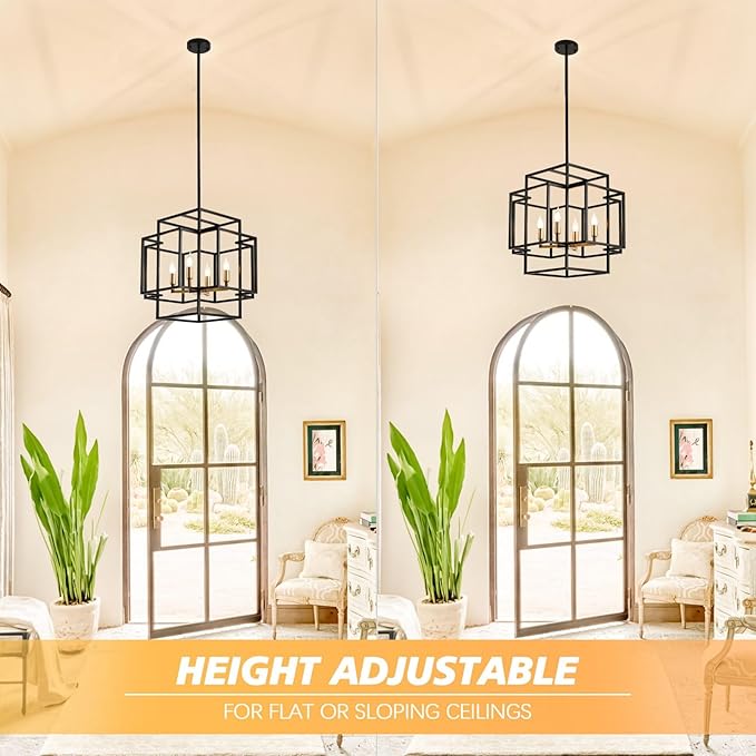 16.5" Farmhouse Chandelier, 4-Light Industrial Ceiling Pendant Light Fixture, Modern Foyer Lighting Fixtures, Dining Room Light Fixtures Over Table, Black and Gold Pendant Lights for Kitchen Island