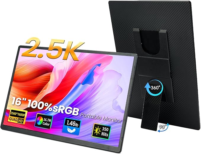 16" 2.5K Portable Monitor - QHD Laptop Screen Extender 100% sRGB Wide Color HDMI/USB C/USB A Travel External Display Stand Gaming Monitor for PC Windows MAC Computer Switch Phone Xbox PS4/5