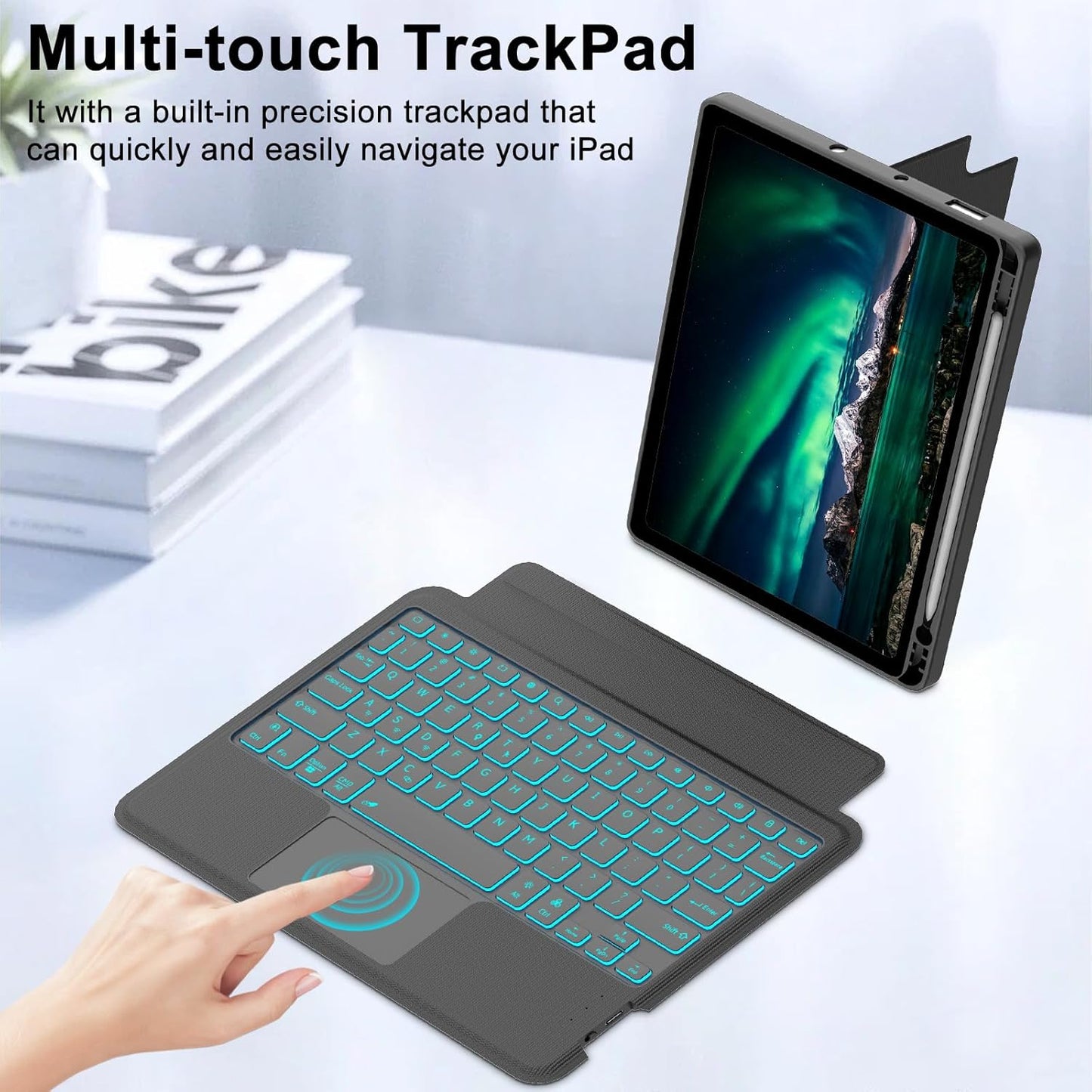 Touch for iPad 9th/8th/7th Generation Case with Keyboard 10.2 Inch, Multi-Touch Trackpad, 7 Color Backlit, Detachable Magnetic Folio Cover with Pencil Holder for iPad Air 3rd Gen/iPad Pro 10.5" Black