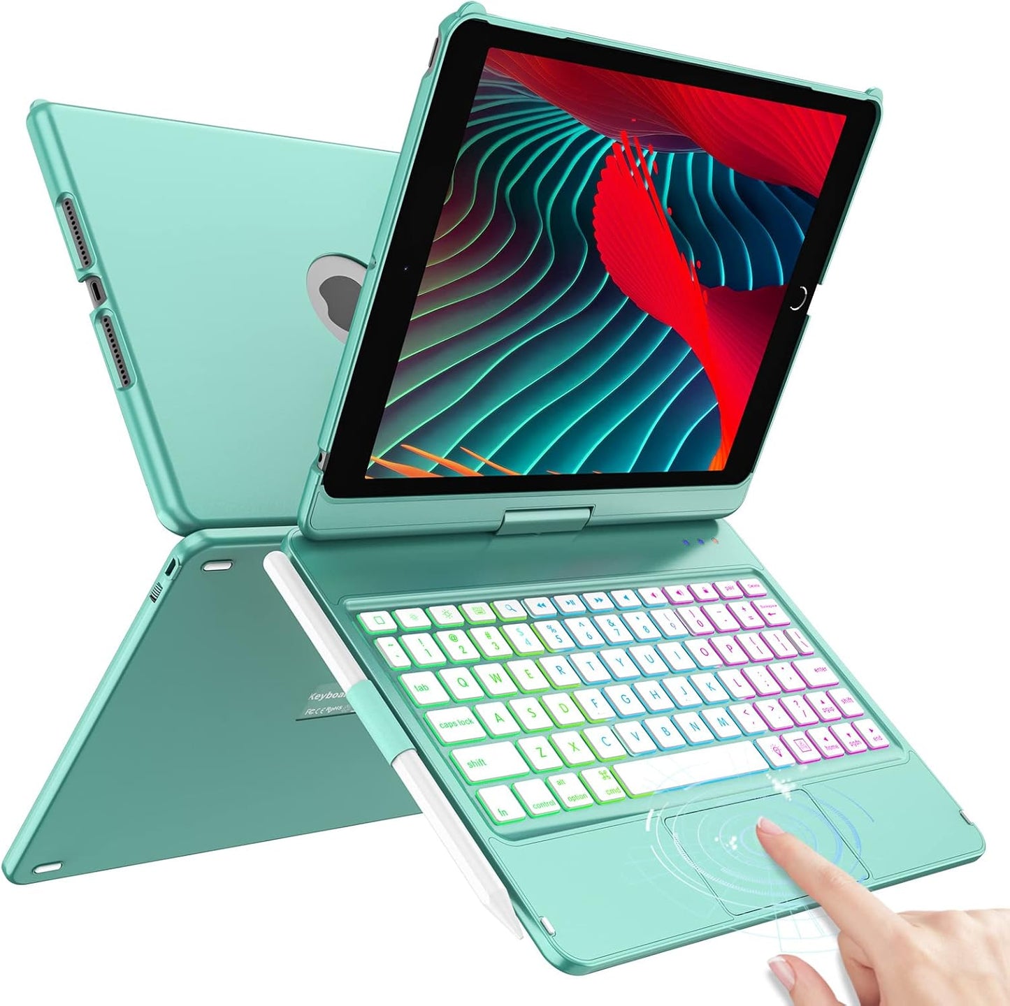 HOTLIFE Keyboard Case for iPad 10.2 - Keyboard for iPad 9th Generation & 8th & 7th Gen - Touch Wireless Backlight Keyboard - 360° Rotatable Protective Cover with Pencil Holder