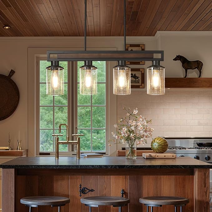 Farmhouse Dining Room Light Fixture, 4-Light Wood Kitchen Island Lighting for Dining Room Over Table, Black Adjustable Pendant Light with Seeded Glass Shades, Linear Chandeliers Lighting for Kitchen