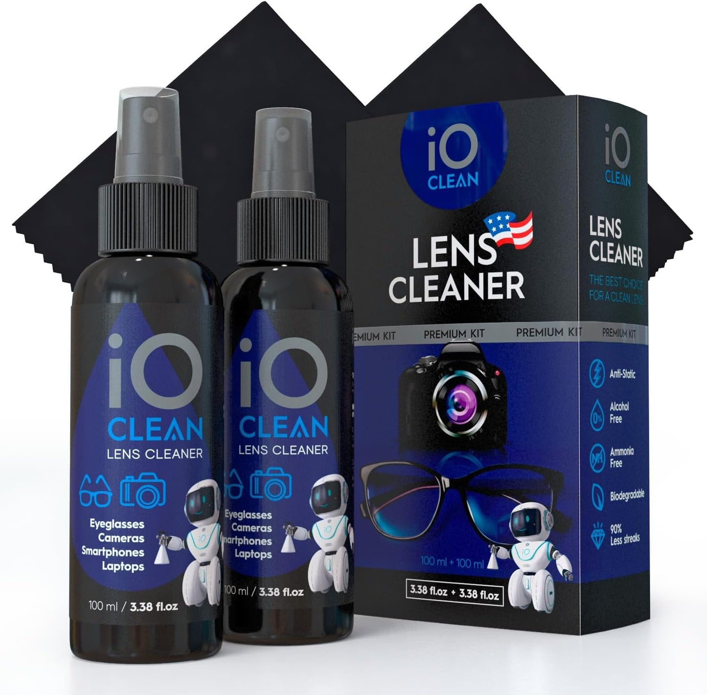 Eyeglass Lens Cleaner (3.38oz+3.38oz+2cloths) – Kit for Glasses, Screens, Camera, Laptops, Touchscreens, Computer Monitors, Other Electronics – 2 Microfiber Cloths Inluded