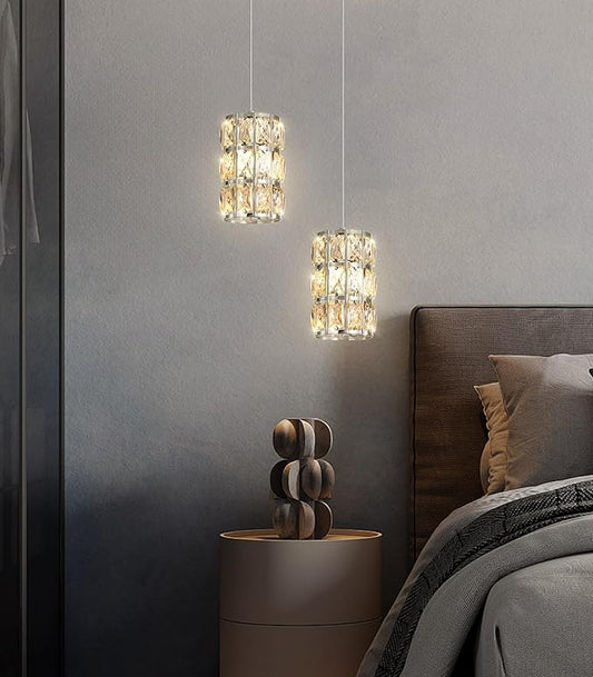 2-Lights Modern Crystal Pendant Lights for Kitchen Island LED Dimmable Glam Pendant Lighting Chandelier for Dining Room Hallway Corner Lamp Nickel